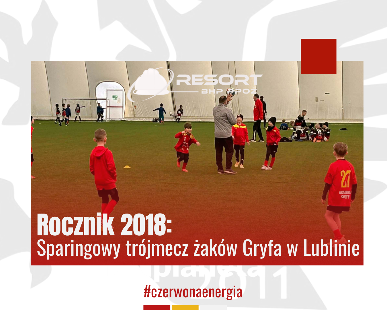 Grafika przedstawiająca młodych zawodników Gryfa grających sparing w Lublinie